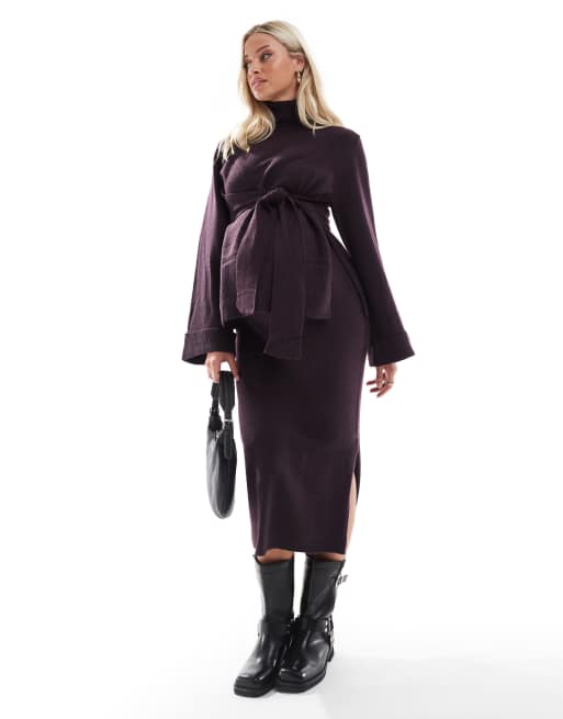 Mamalicious Maternity - Coordinato in maglia color prugna composto da gonna e maglione con collo alto allacciato in vita