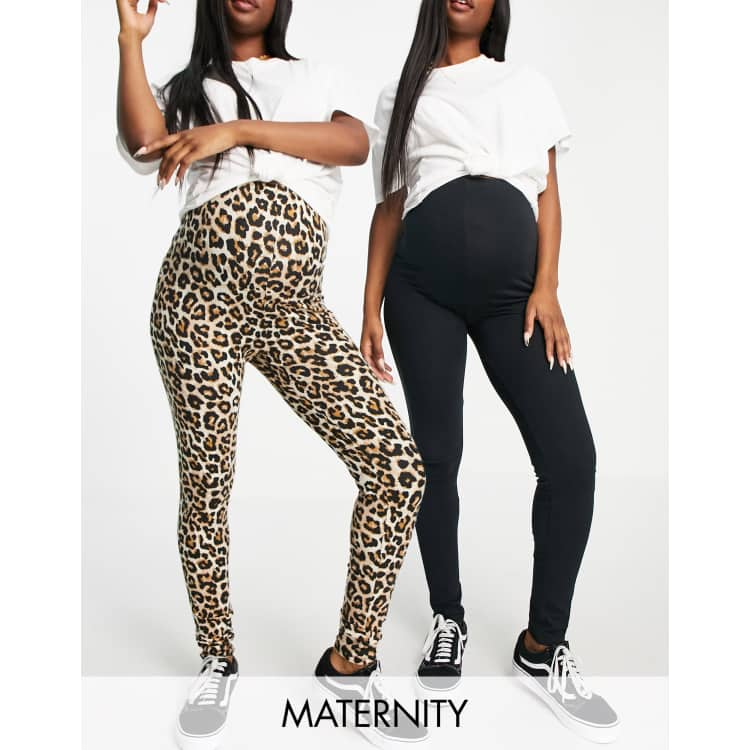 Mamalicious Maternity cotton 2-pack leggings in black and leopard print -  MULTI