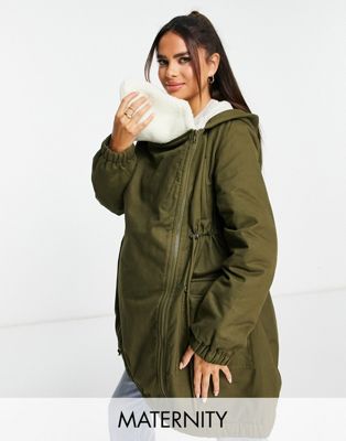 Mamalicious Maternity 3 in 1 coat with teddy lining and drawstring waist in khaki - DGREEN