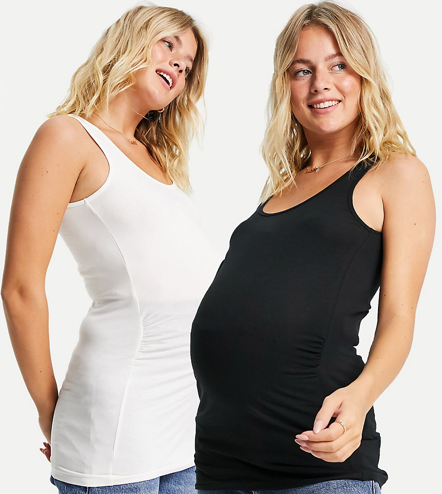Mamalicious Maternity cotton blend 2 pack basic tank top in black and white - MULTI