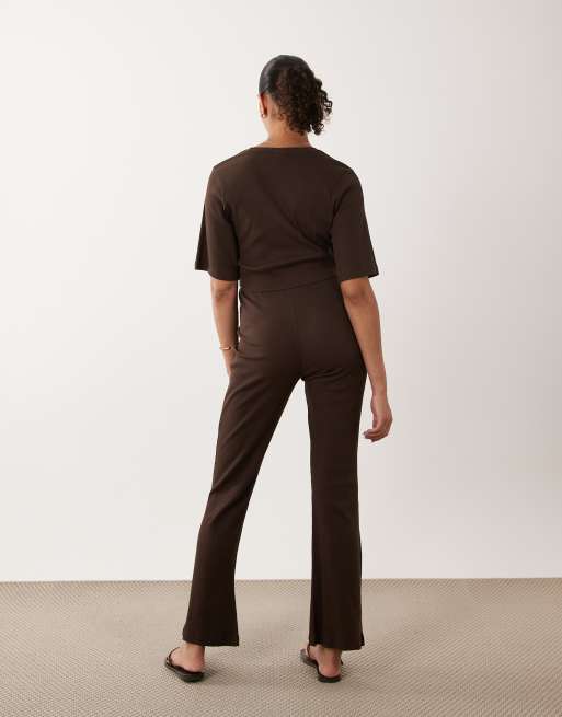 Mamalicious Maternity cotton mix high rise jersey flare pants in chocolate brown