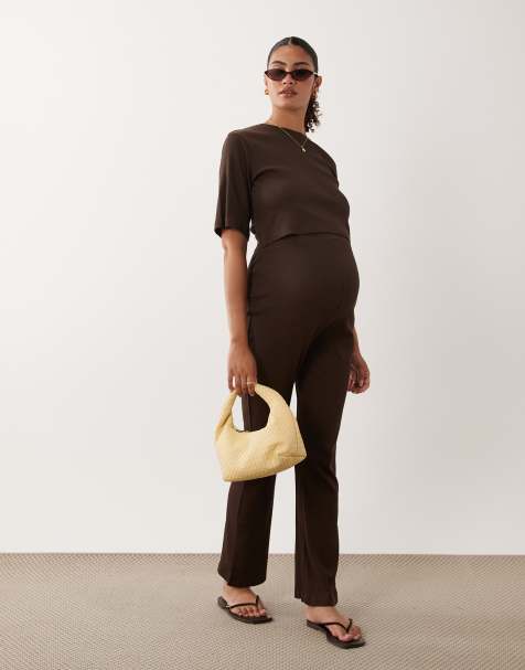 Mamalicious Maternity cotton mix high waisted jersey flare pants in chocolate brown (part of a set) - view 1