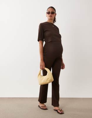 Mama.licious Mamalicious Maternity Cotton Mix High Waisted Jersey Flare Trousers Co-ord In Brown
