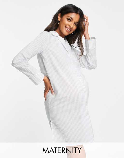 Mamalicious Maternity cotton night shirt in white and blue stripe MBLUE