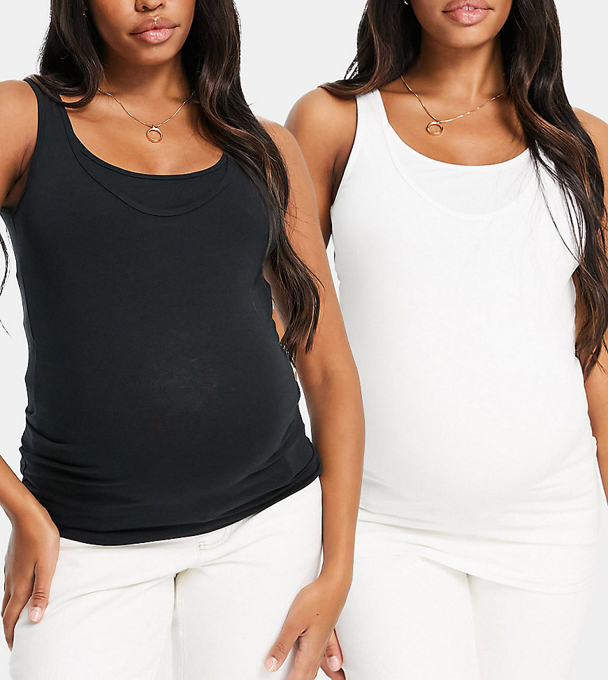 Mamalicious Maternity cotton nursing 2-pack tank top in black and white-Multi