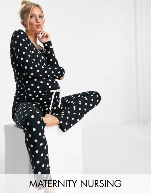 Mamalicious Maternity cotton pyjamas with nursing function in black polka dot - MULTI