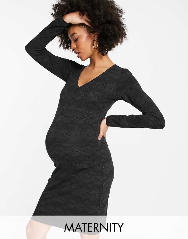 Mamalicious Maternity cotton ruched front midi dress in charcoal snake print - gray