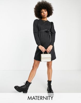 Mamalicious Maternity cotton sweater dress with tie waist in washed black - BLACK - ASOS Price Checker