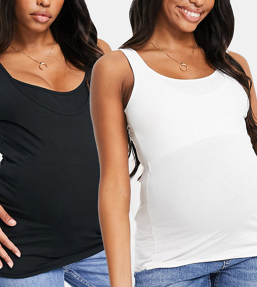 Mamalicious Maternity cotton two pack tank top with nursing function in black and white - MULTI