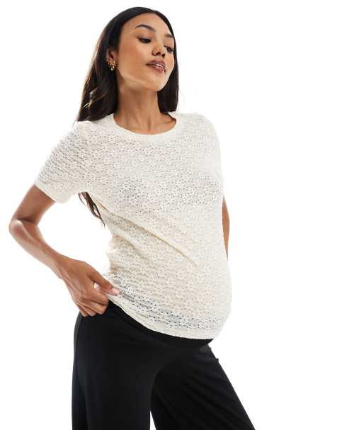 Mamalicious Maternity - Cremehvid T-shirt i tekstureret jersey - view 1
