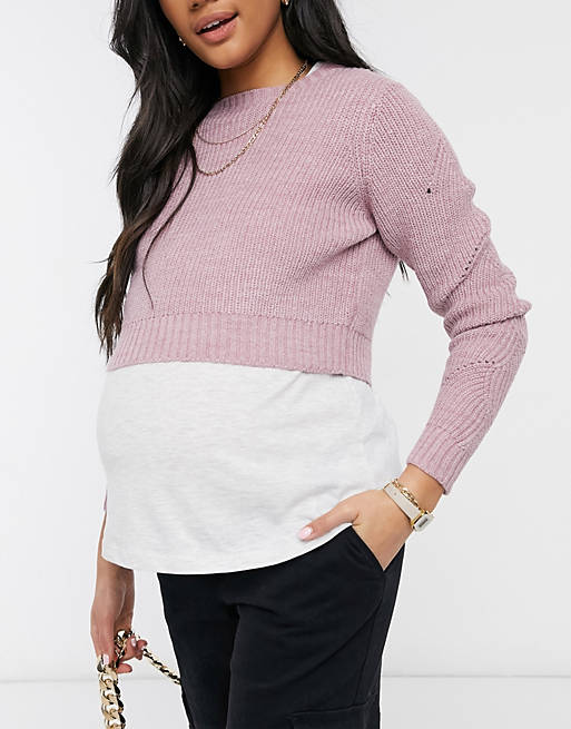 Women Mamalicious Maternity cropped jumper with v neck in lilac 