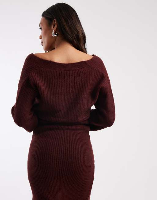 Mamalicious Maternity cropped knitted twist front jumper co-ord in burgundy, 4 of 4