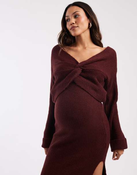 Mamalicious Maternity – Cropped Strickpullover in Burgunderrot mit verdrehter Vorderseite, Kombiteil - view 1