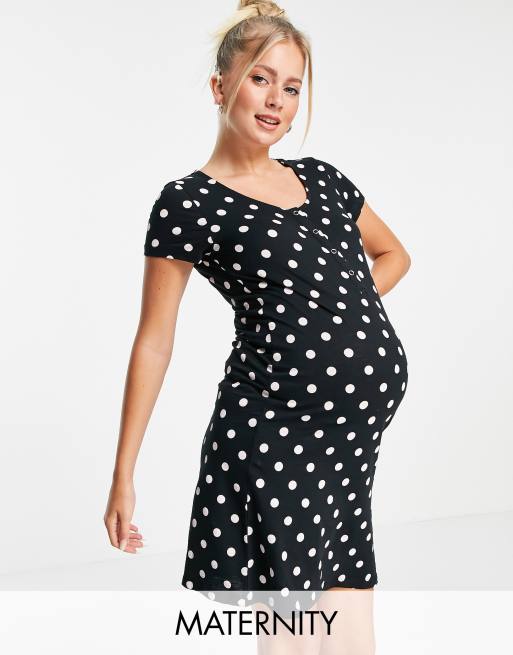 Mamalicious Maternity – Czarna bawełniana koszulka nocna w grochy z funkcją karmienia – MULTI
