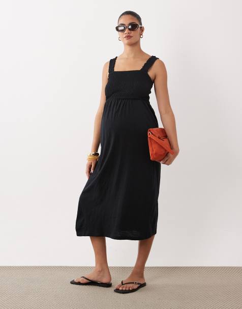 Mamalicious Maternity – Czarna sukienka midi z marszczeniem na biuście - view 1