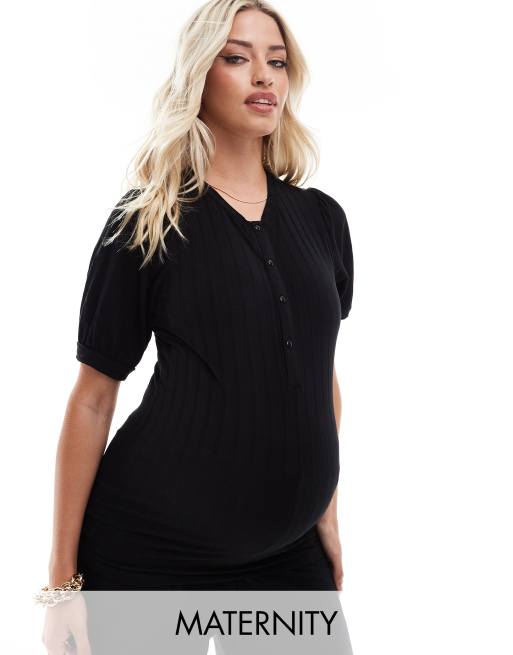 Mamalicious Maternity – Czarny top z długimi rękawami, zapinany na guziki pod szyją, część zestawu
