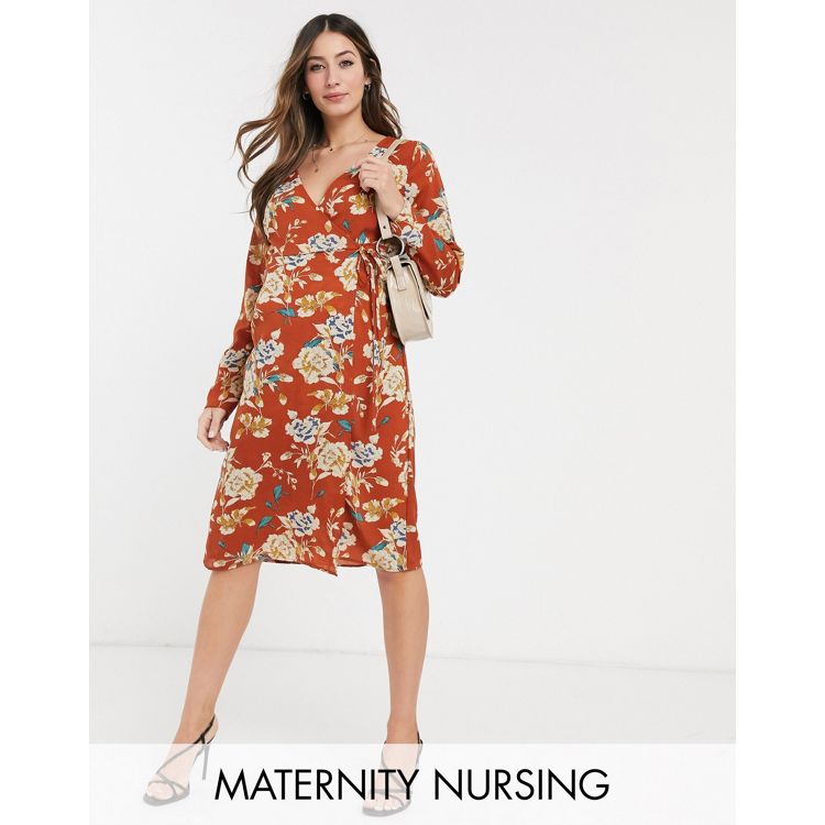 Mamalicious Maternity – Czerwona kopertowa sukienka do karmienia piersią z  kwiatowym nadrukiem | ASOS