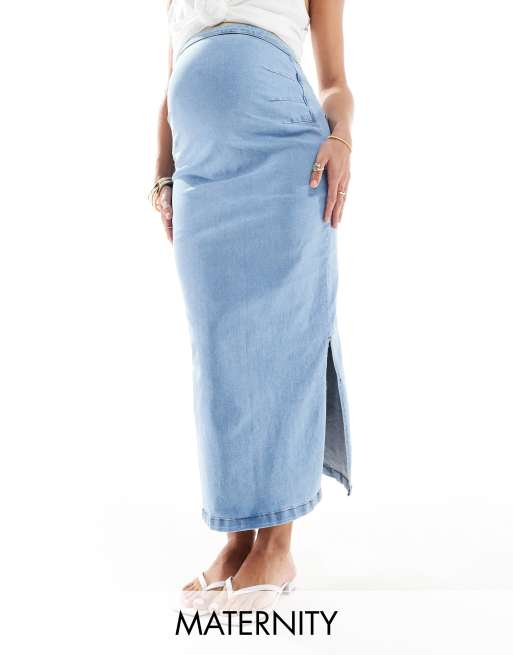 Mamalicious Maternity - Denim rok met zijsplitten in mid-wash blauw