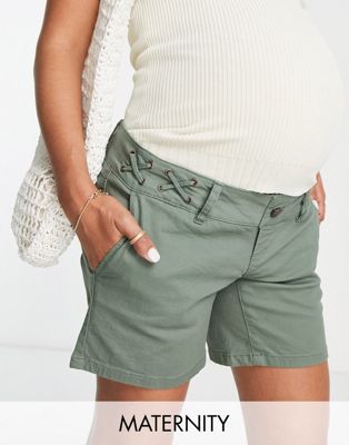 Mama.licious maternity denim shorts with cross detail in khaki