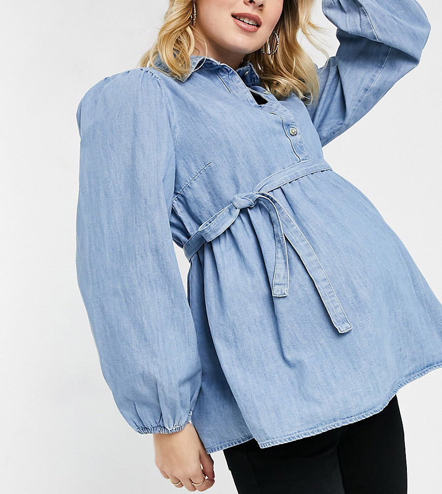 Mamalicious Maternity denim smock shirt with removeable tie waist in blue-Blues