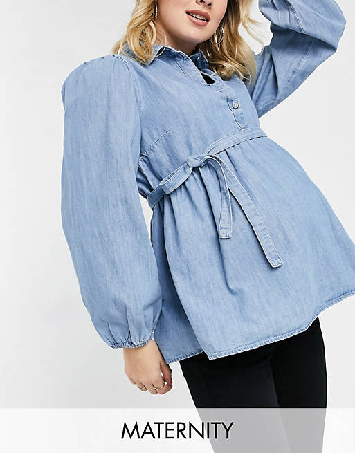 Tops Shirts & Blouses/Mamalicious Maternity denim smock shirt with removeable tie waist in blue 