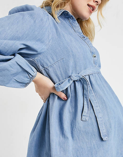  Shirts & Blouses/Mamalicious Maternity denim smock shirt with removeable tie waist in blue 