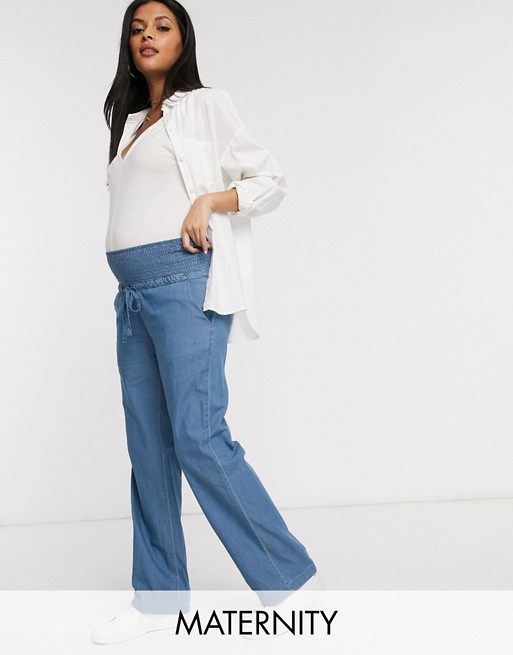 Mamalicious Maternity denim trousers with wide leg in blue