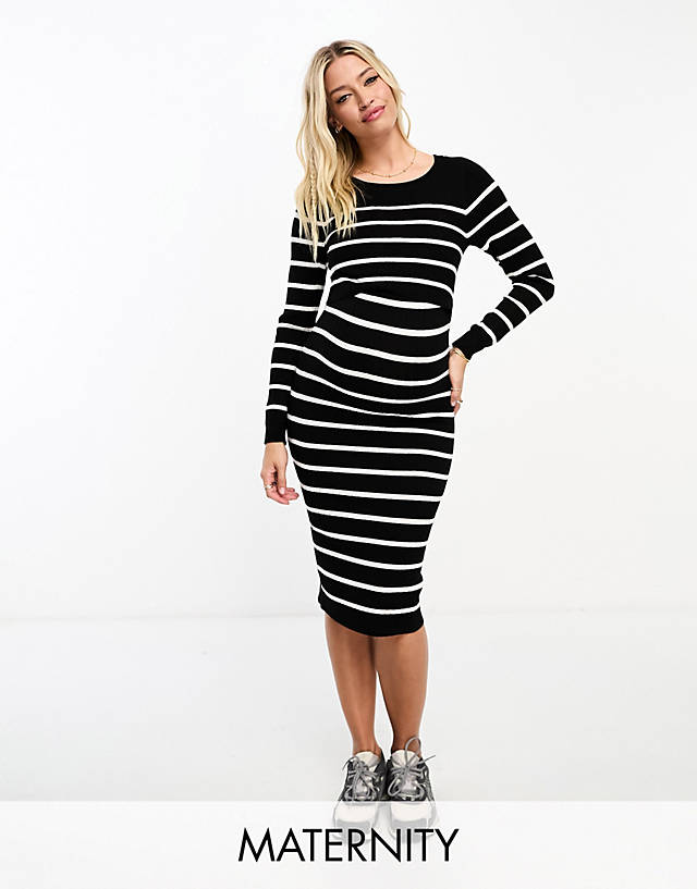 Mama.licious - Mamalicious Maternity double layer midi dress in black and white stripe