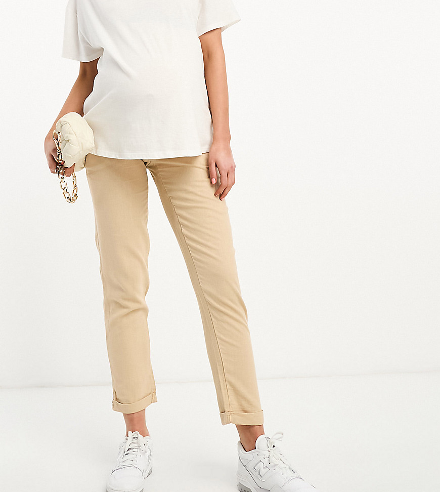 Mamalicious Maternity drawstring trouser in beige-Neutral
