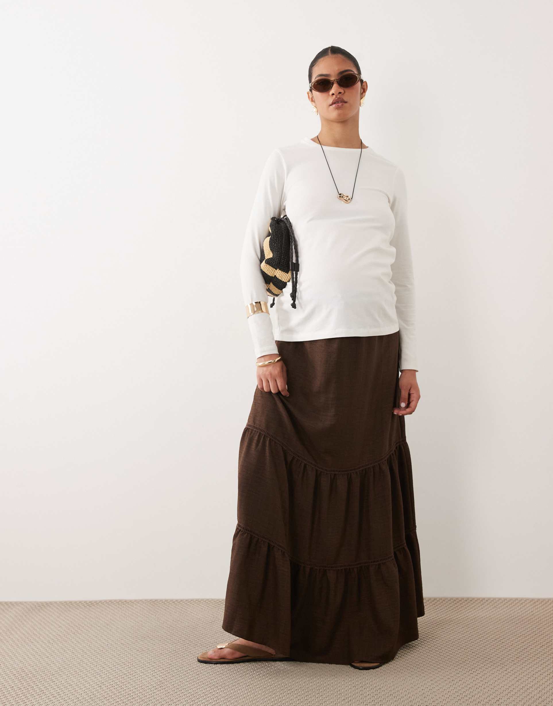 mamalicious maternity drawstring waist tiered boho maxi skirt in chocolate