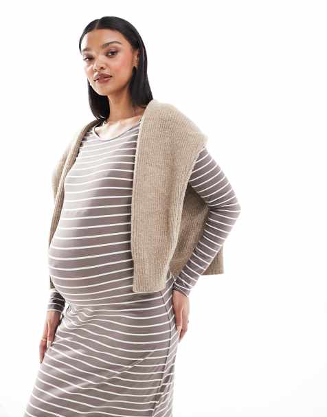 Mamalicious Maternity – Dżersejowa sukienka maxi z długimi rękawami w kolorze taupe w paski - view 1
