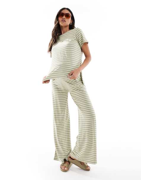 Mamalicious Maternity – Dżersejowe spodnie z szerokimi nogawkami w kolorze khaki w paski, część zestawu - view 1