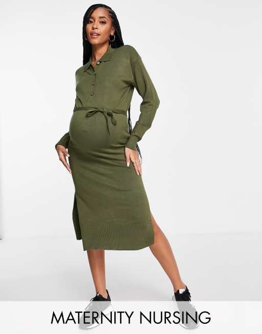 Mamalicious Maternity – Dzianinowa sukienka koszulowa midi z wiązaniem w talii w kolorze khaki z funkcją karmienia 