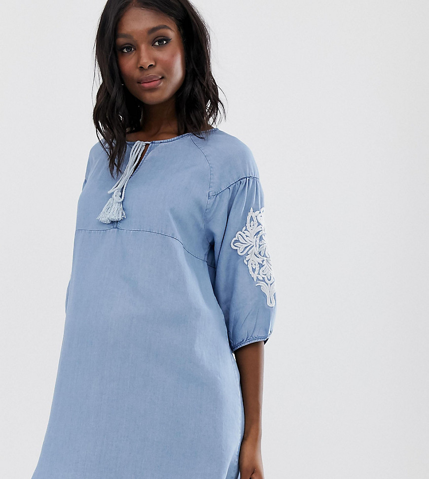 Mamalicious maternity embroidery sleeve chambray dress-Blue
