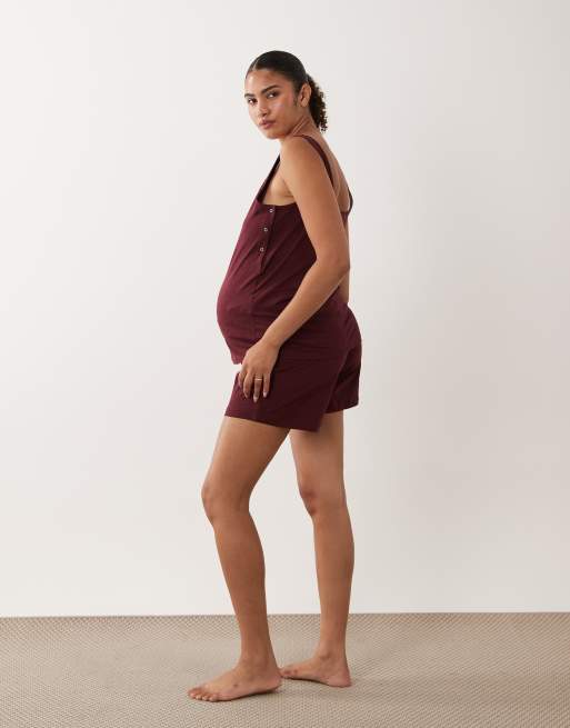 Mamalicious Maternity - Ensemble débardeur à boutons-pression sur le côté et short en coton - Bordeaux, 3 de 4