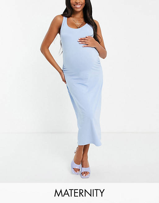 Mamalicious Maternity exclusive cotton blend midi bodycon dress in blue - MBLUE