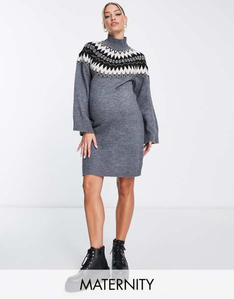Mamalicious Maternity fairisle knitted jumper dress in grey - view 1