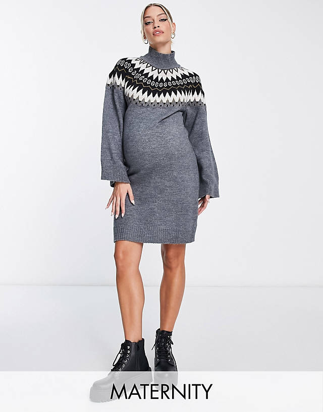 Mama.licious - Mamalicious Maternity fairisle knitted jumper dress in grey