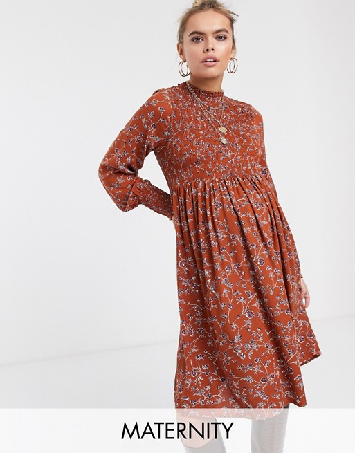 Mamalicious maternity floral smock midi dress in rust