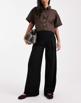 Mama.licious Mamalicious Maternity Foldable Waistband Wide Leg Jersey Pants In Black