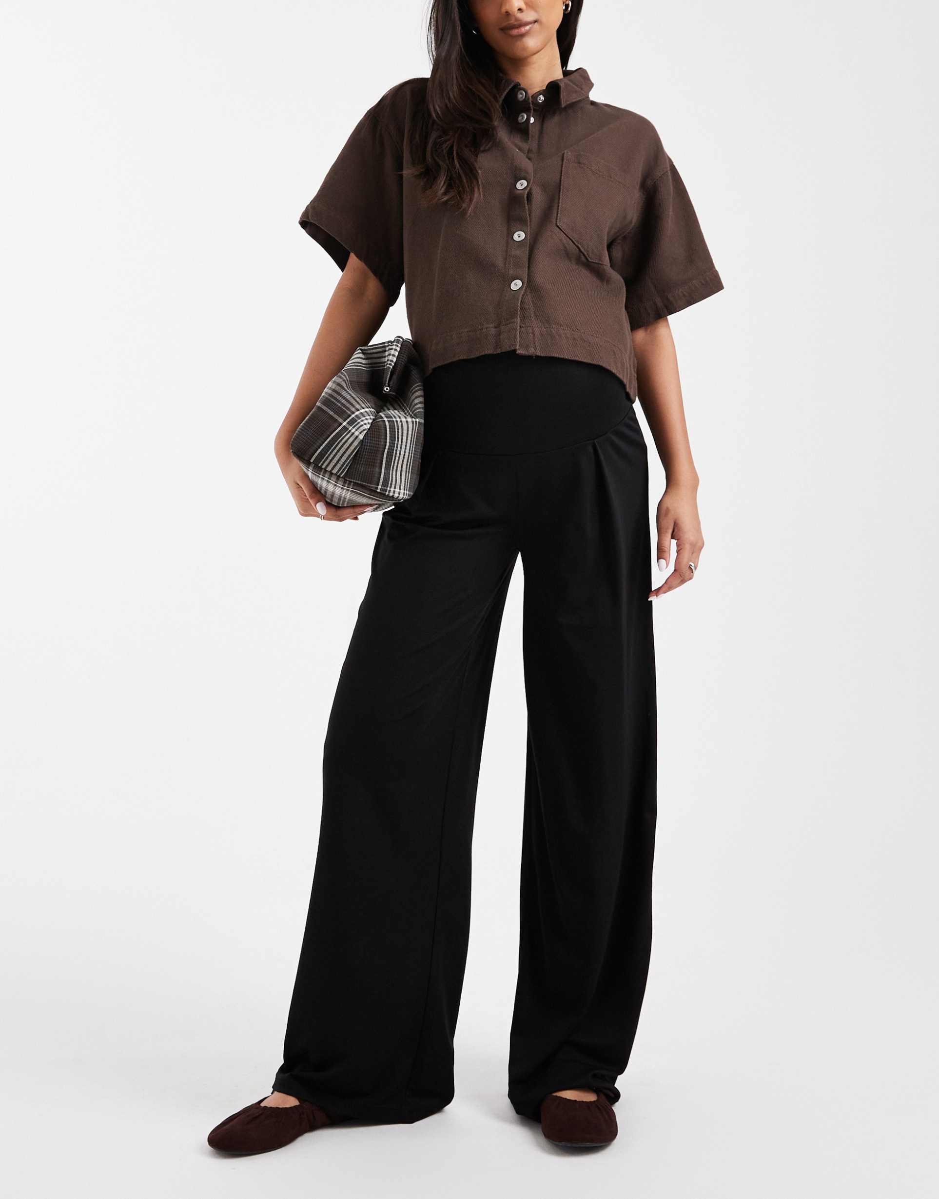 mamalicious maternity foldable waistband wide leg jersey pants in black