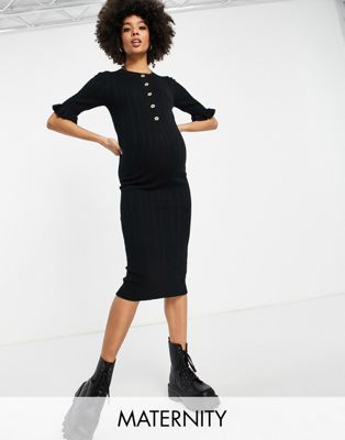 Mamalicious Maternity frill cuff jersey dress in black