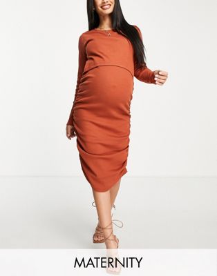 Mamalicious maternity gathered midi dress in orange