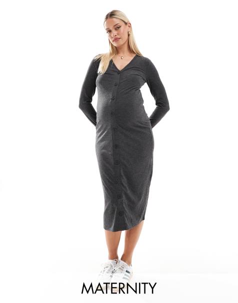 Mamalicious Maternity - Geribbelde midi jurk met borstvoedingsfunctie in grijs - view 1