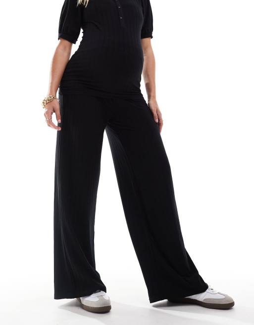 Mamalicious Maternity – Gerippte Hose in Schwarz mit Überbauchbund und weitem Schnitt, Kombiteil, 2 von 5