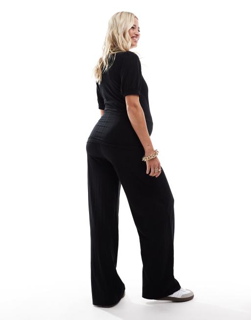 Mamalicious Maternity – Gerippte Hose in Schwarz mit Überbauchbund und weitem Schnitt, Kombiteil, 5 von 5