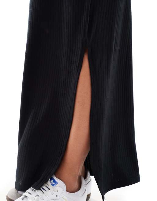 Mamalicious Maternity – Gerippter Jersey-Maxirock in Schwarz mit Überbauchbund, 5 von 5
