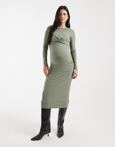 Mamalicious Maternity – Geripptes, langärmliges Midi-Stillkleid in Hellgrün mit zwei Funktionen - view 1