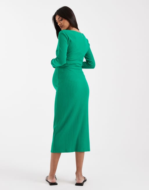 Mama.licious Maternity – Geripptes, langärmliges Stillkleid in Midilänge in Grün mit Wickeldesign, 4 von 4