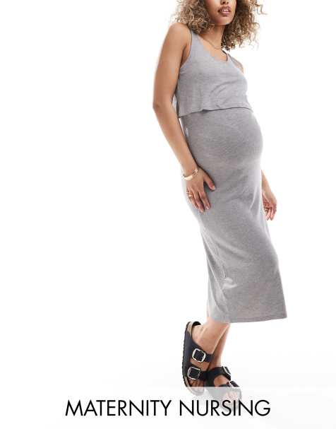 Mamalicious Maternity – Geripptes Midi-Stillkleid mit 2 Funktionen in Grau - view 1